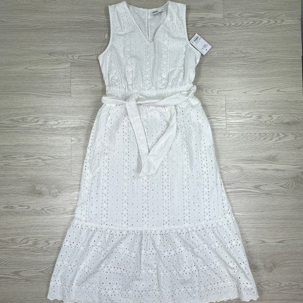 Sonoma Women's Midi Dress White Eyelet Cotton Sleeveless‎ Tie Waist XS NWT